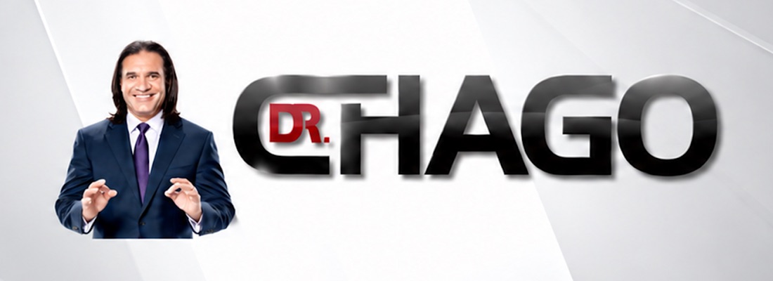 Dr. Santiago Figuereo (Dr. Chago), neurosurgeon, beside the Dr. Chago Show logo